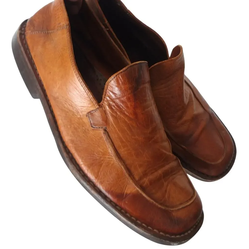 Vintage J Crew Brown Leather Dress Shoes Loafer Square Toe Worn Mens 10.5 ITALY
